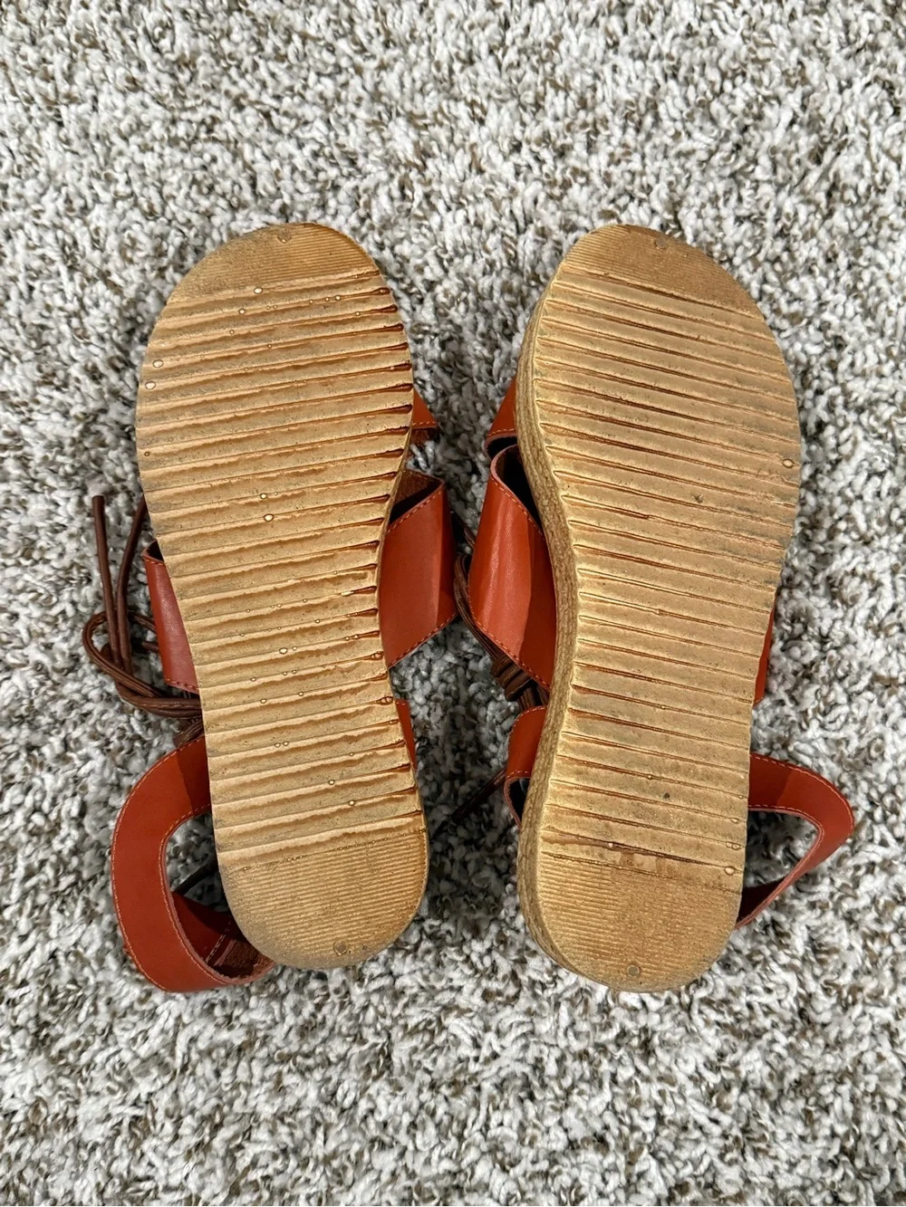 Tan Leather Espadrille Platform Sandals with Ankle Tie